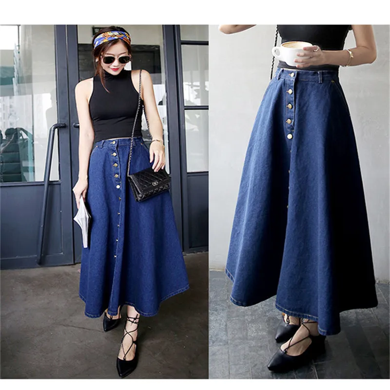 

2021 Spring Autumn Fashion Women Fashion Single Breasted Denim Skirts High Waist Casual Button A-line Jeans Skirt
