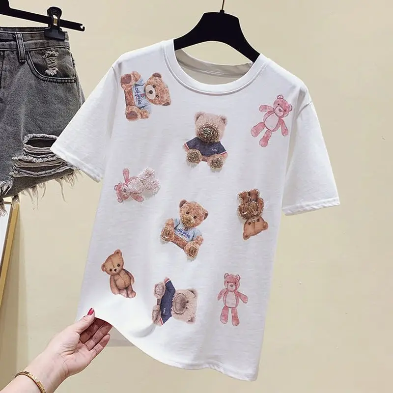 

2021 Summer New Beaded Bear Cartoon Print T-shirt Female Short-sleeved Half-sleeved T-shirt Top Graphic T Shirts Woman Tshirts
