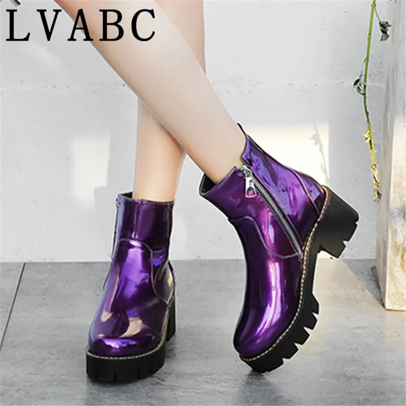 Женские ботинки 2020 Зимние ботильоны повседневная обувь из лакированной кожи на