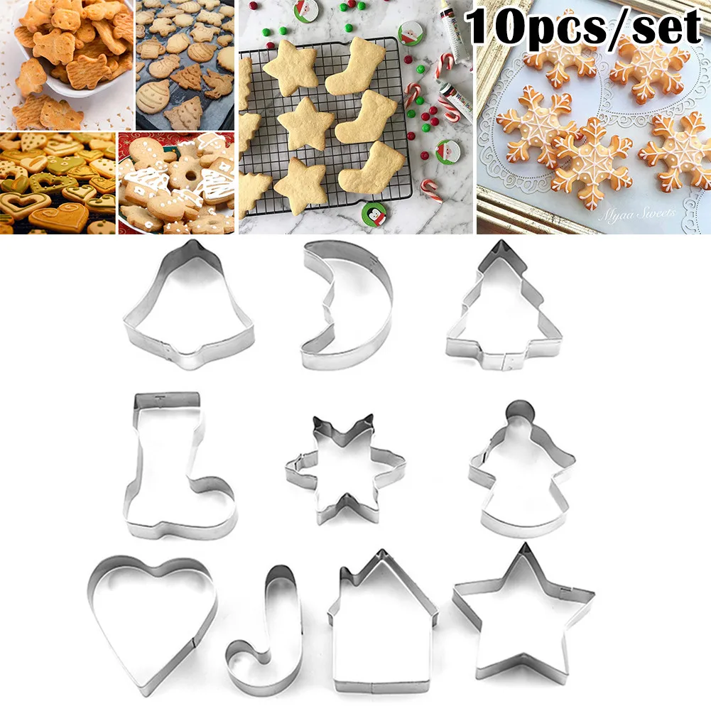 

New 10PCS/Set Stainless Steel Christmas Cookie Cutters Xmas Tree Star House Bells Snowflake Baking Cake Biscuit Fondant Mold
