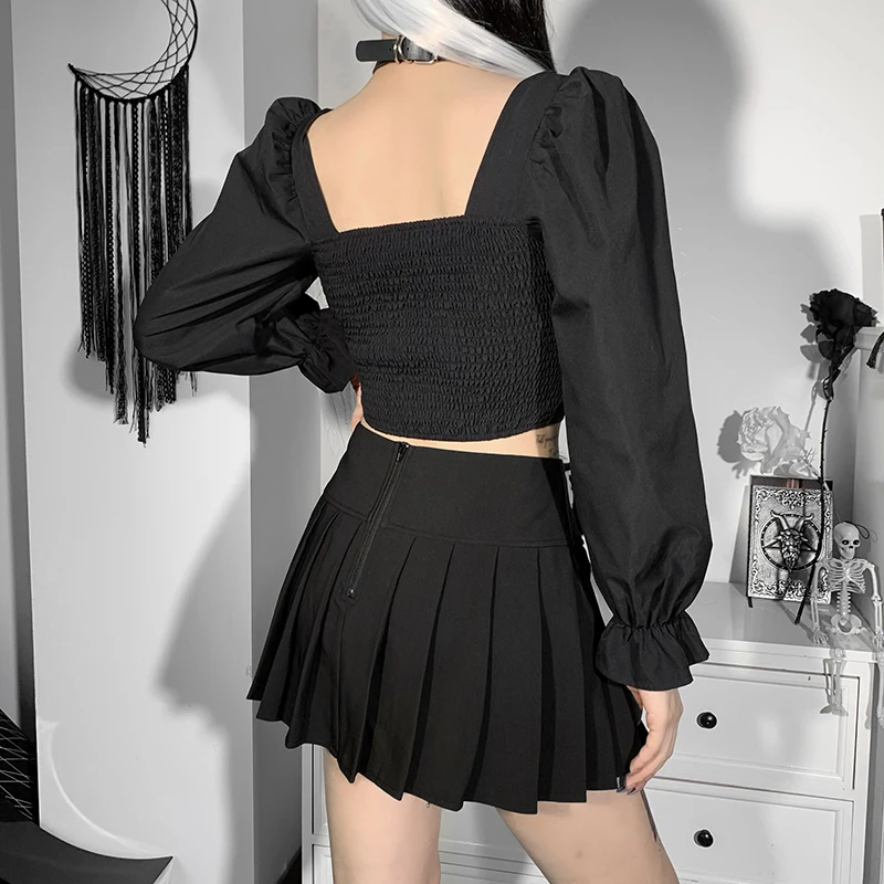 Женская Винтажная футболка на шнуровке с квадратным вырезом и длинным рукавом |