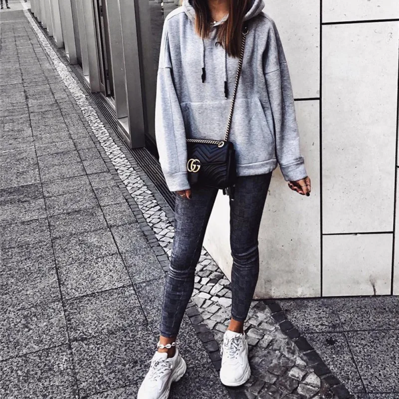 

Hoody New Fashion Women Sweatshirt Hood Pocket Solid Color Long Sleeve Casual Warm Winter Autumn Loose Tops