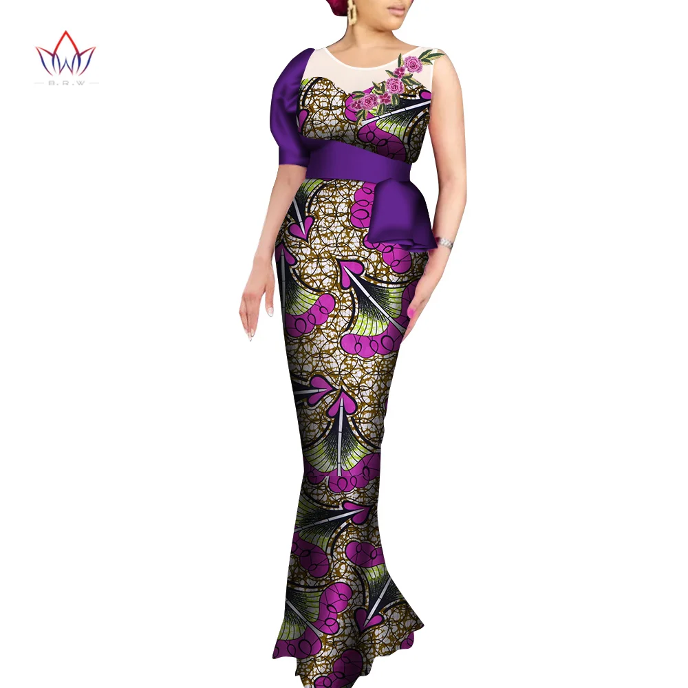 African Print Long Mermaid Dress for Women Rich Patchwork Belt Slash Neck Dresses African Women Clothing Party Dress WY7468