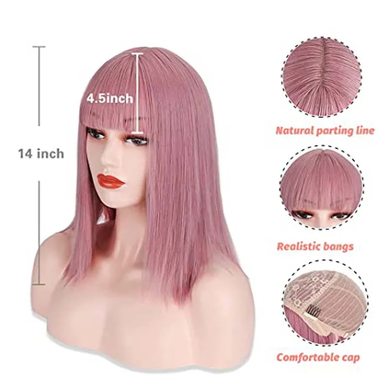 

Short Bob Wigs With Air Bangs Synthetic Cosplay Wig for Girl Straight Pink Wis for Women Natural Looking Wigs for Daily Party