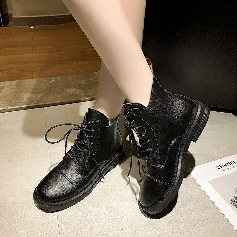 

Женские Винтажные ботинки до середины икры, черные повседневные ботинки из искусственной кожи на платформе, на шнуровке, осень 2021