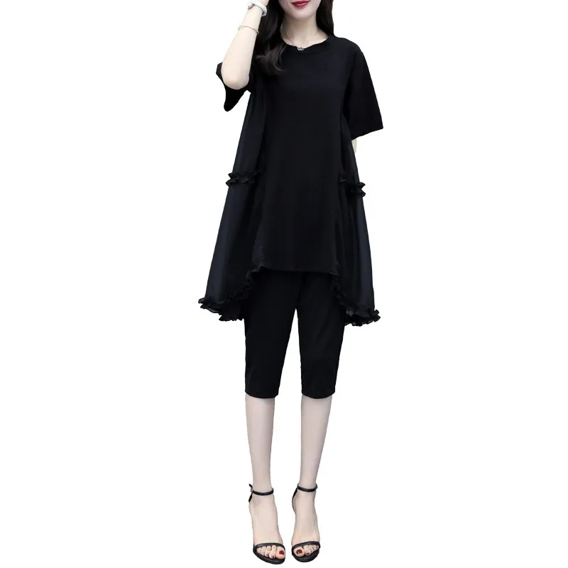 

Women Plus Size Suits And Sets Black Two Piece Outfits Summer Casual Top And Shorts Ensemble Femme Deux Pieces Conjunto Feminino