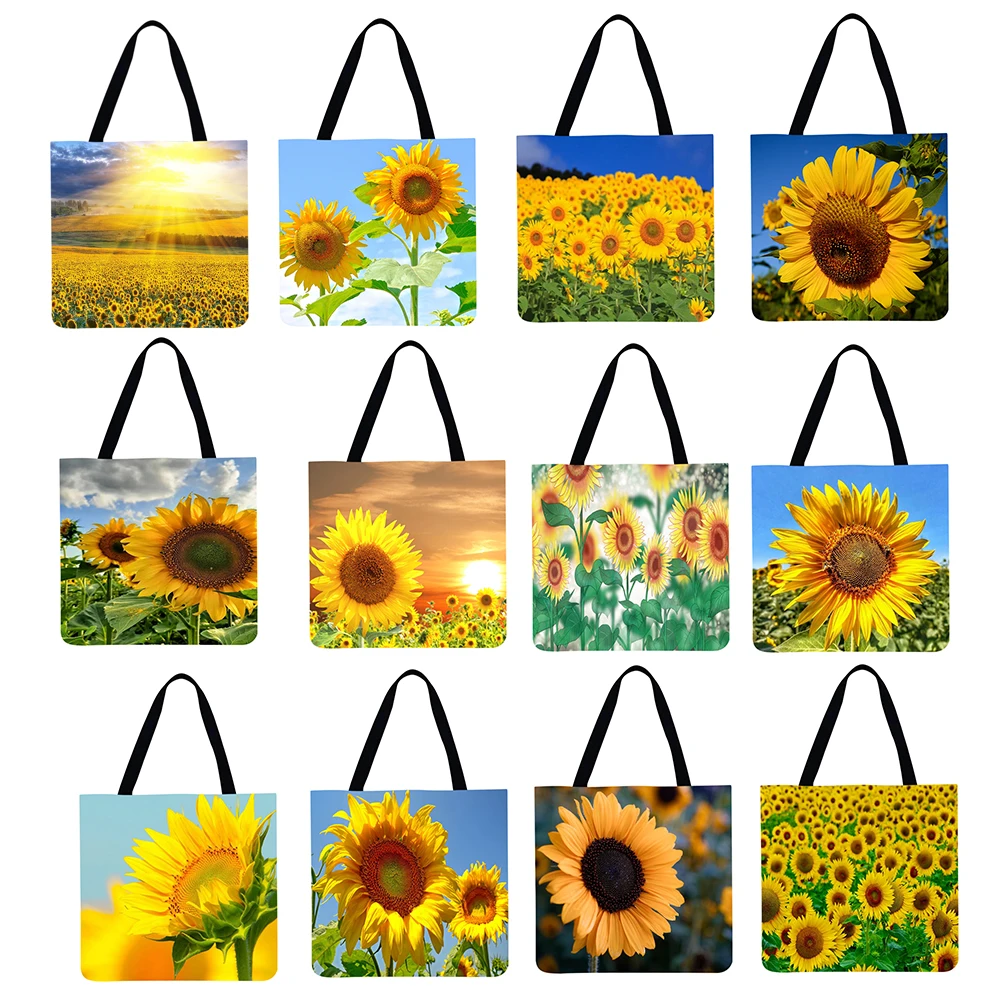 

Многоразовые льняные сумки для покупок, повседневная женская сумка-тоут с принтом подсолнуха, квадратная вместительная сумка для хранения
