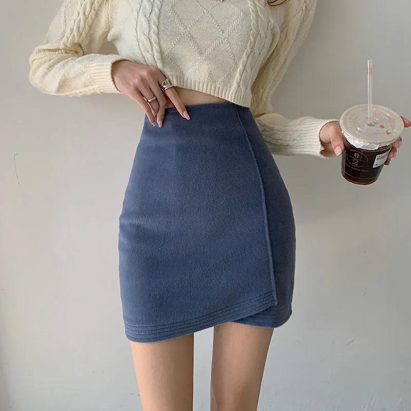 

Autumn Winter Slim A Line New Wrap Hip Plus Size 3Color High Waist Irregular Wool Skirt Vintage Fashion Mujer Faldas Wild Chic