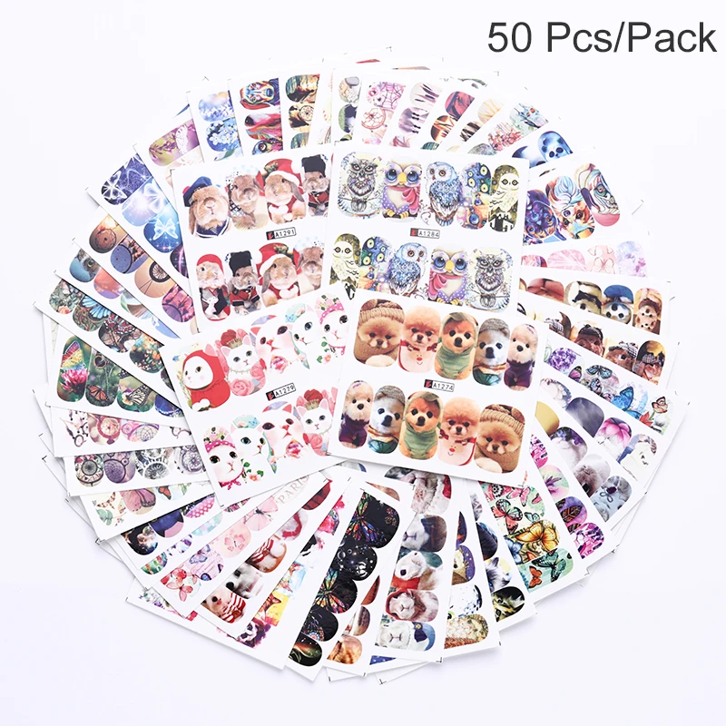 50 Pcs-Animal Style 50 шт., водная переводная наклейка для ногтей, цветочный дизайн ногтей, наклейки s, татуировки, кончики пальцев, наклейки, украшения для ногтей, инструменты для маникюра - Цвет: 50 Pcs-Animal Style