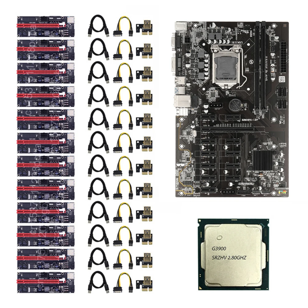 

B250 BTC12P Mining Motherboard+G3900 CPU+12x009S Adapter Card DDR4 Miner Board LGA1151 USB2.0/3.0 SATA3.0 PCIE to PCIE Converter