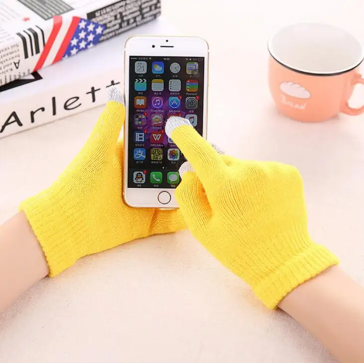 yellow Женские кашемировые шерстяные вязаные перчатки, зимние теплые толстые перчатки для сенсорного экрана, однотонные варежки для мобильного телефона, планшета - Цвет: yellow