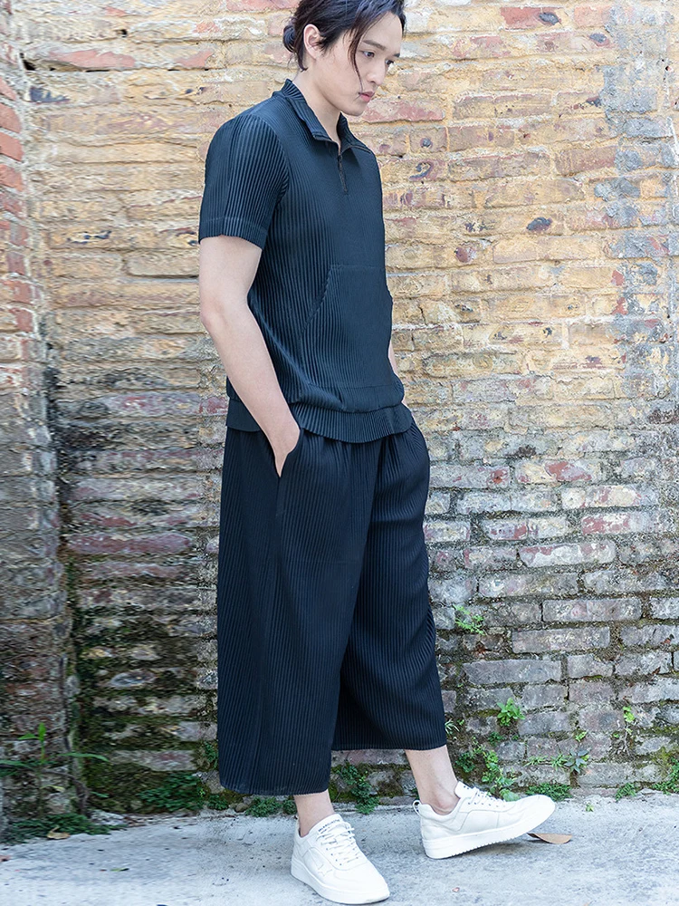 

IEFB Men's Pleated Wide Leg Pants Men's And Women's Summer Trend Sports Casual Pants Loose Straight Calf-length Pants 9Y7367