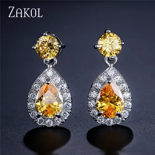ZAKOL классический желтый капли воды кубического циркония свадебные серьги для Для женщин девочек Мода CZ Кристал для свадьбы, помолвки ювелирные изделия FSEP387 - Окраска металла: Yellow