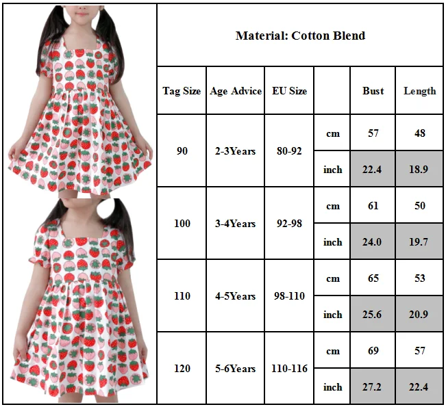

Strawberry Printed Girls Short Sleeve Swing Summer Beach Short Dresses