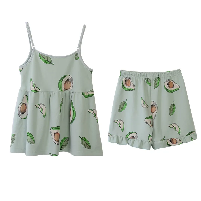 

Summer New Strap Top&Shorts 2PCS Pajamas Suit Ladies Sexy V-Neck Nightwear Lemon Print Cute Sleepwear Summer New Cotton Homewear