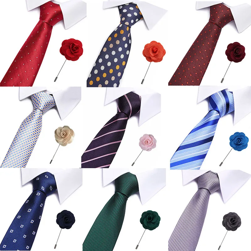 

Factory Classic Business Wedding Party Men's 100% Silk Ties brooch Set Silver White Plaid Pocket Square Necktie Hanky