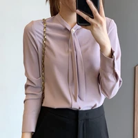 2022 autumn beautiful elegant simple pearl bow silk stand collar shirt blusas femme light purple long sleeve blouse solid 2578