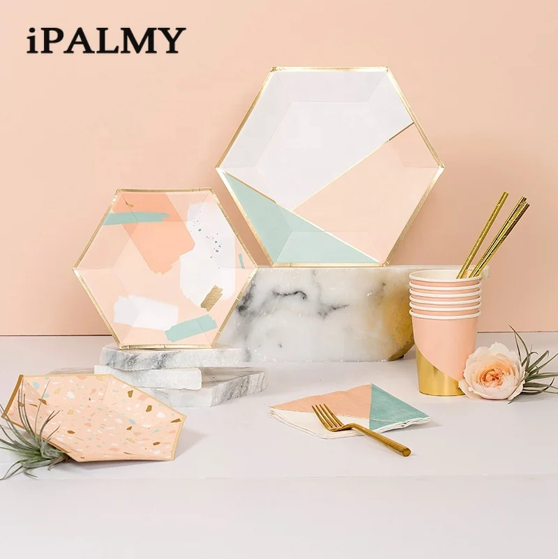 

New Arrival 2020 Baby Pink Blue Hexagon Disposable Plates Picnic Plate Cup Napkin Dinnerware Set
