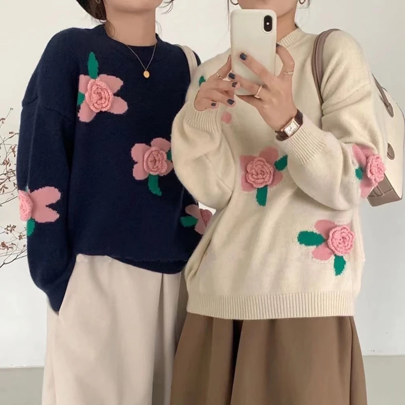 

021 Autumn/Winter new knitted pullover three-dimensional flower fashion retro loose all-match female sweater