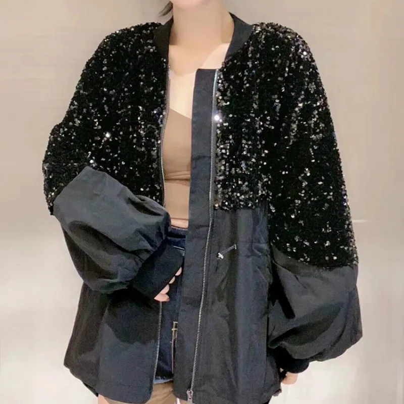 

European and American style fashion fried street Hong Kong style autumn and winter new sequins thickened small cotton coat