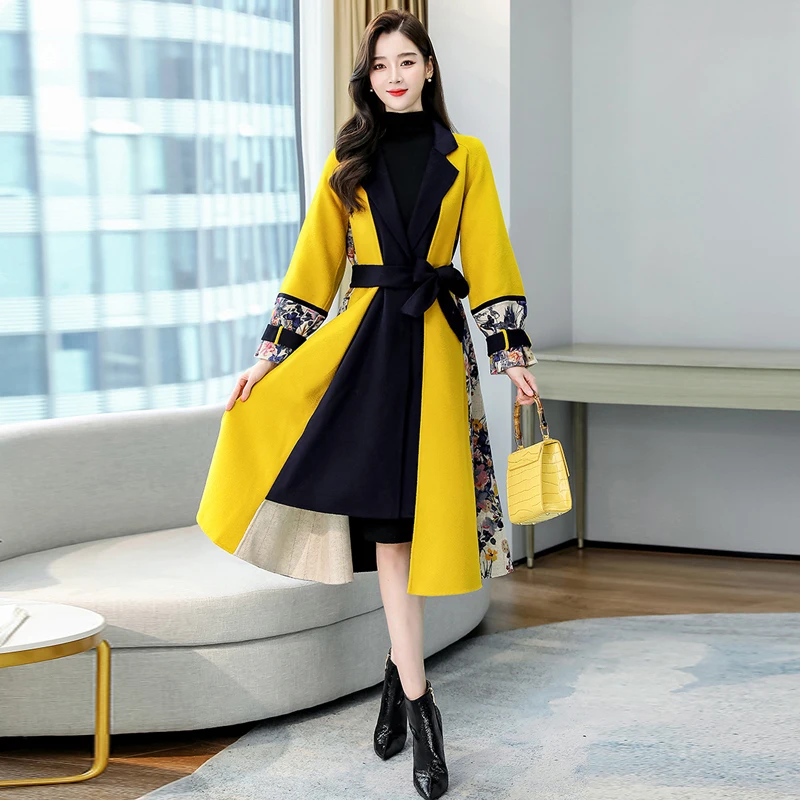 

Womens Coats 2020 Printing Spliced Tweed Coat Long Covered Buttoned Lace-Up Slim Woolen Suit Collar Raglan Sleeve Ladies Jackets