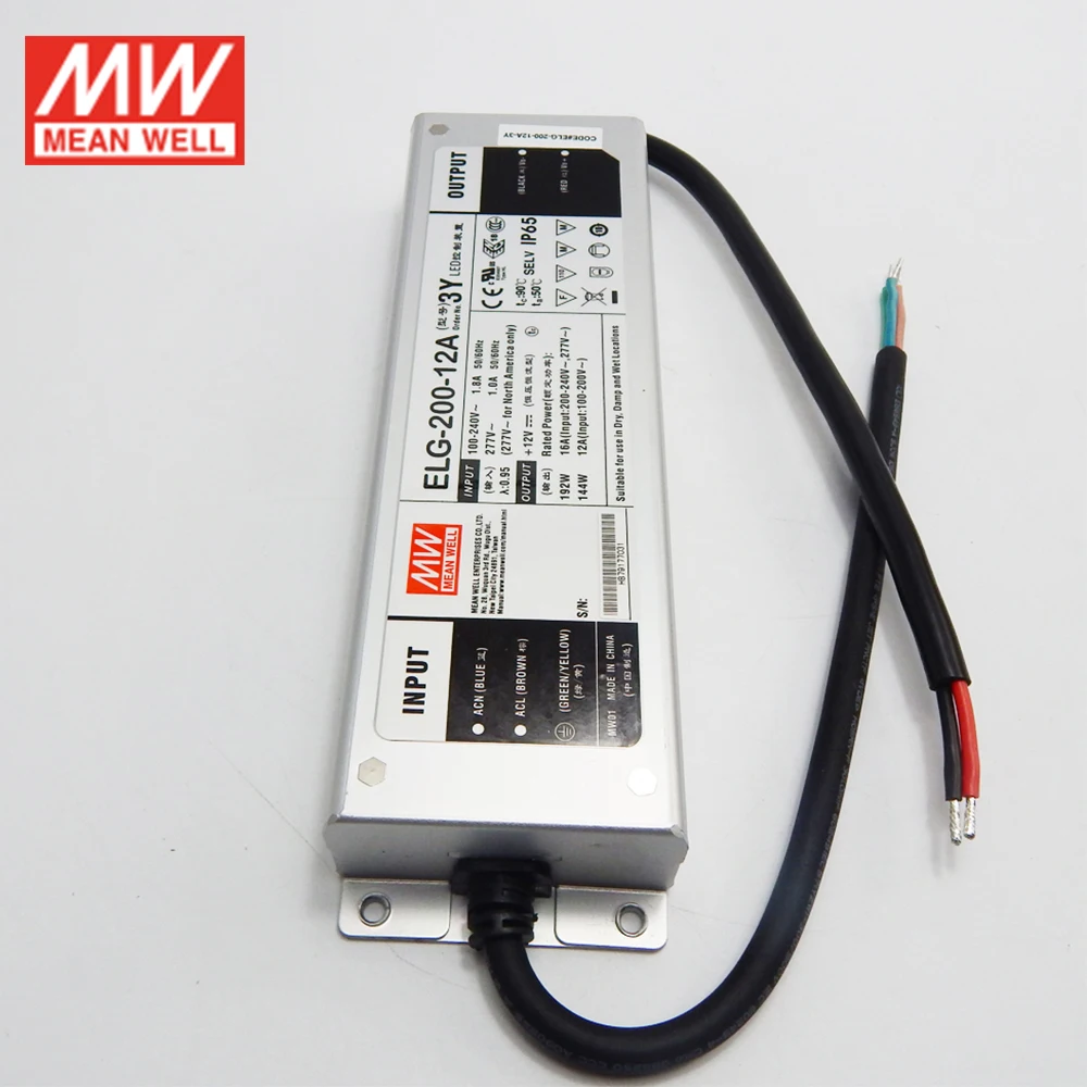 Бренд MEAN WELL представляет ELG-200-12A-3Y 192W 16A 12V регулируемый светодиодный Питание 110 V/220 V переменного тока в постоянный, работающего на постоянном токе 12 В в 16A водонепроницаемый IP65 meanwell led привод