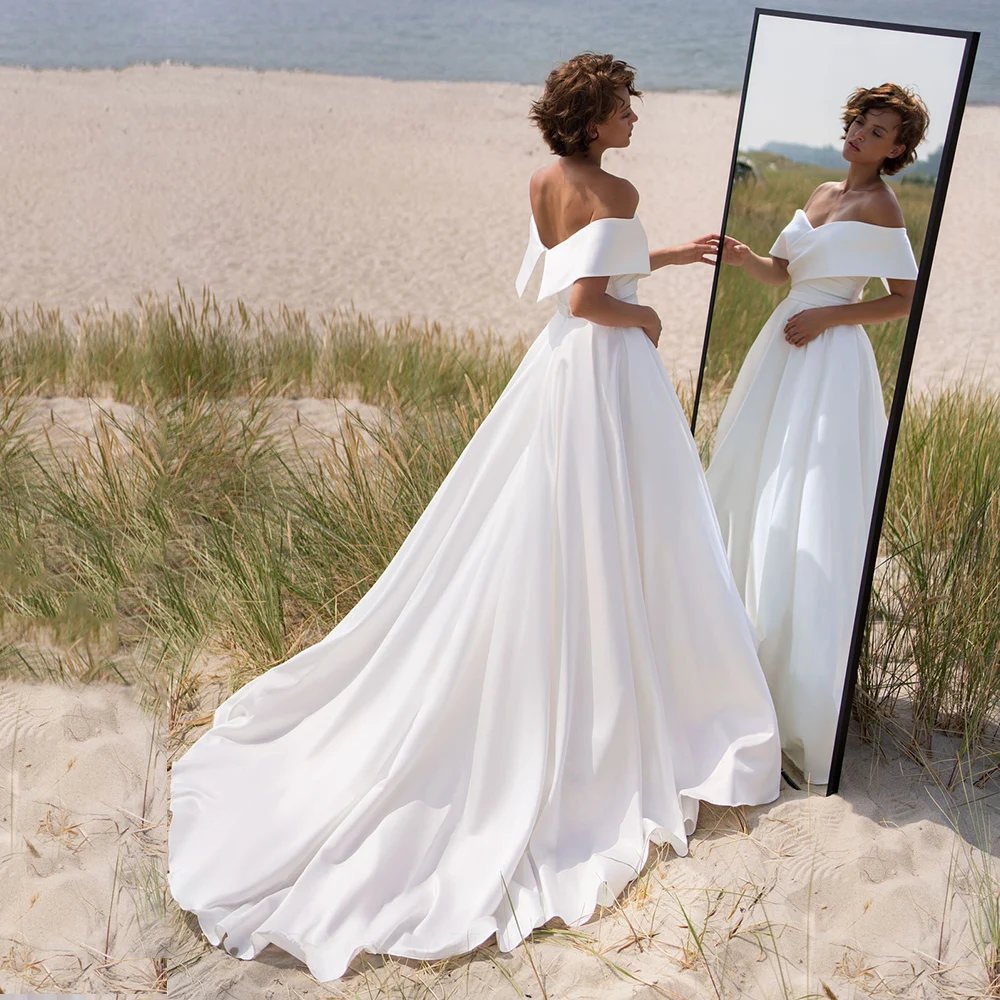 

Off Shoulder White Civil Wedding Dress For Woman Sleeveless Long Train A Line Bohemian Bridal Gown Vintage Satin Robe De Soriee