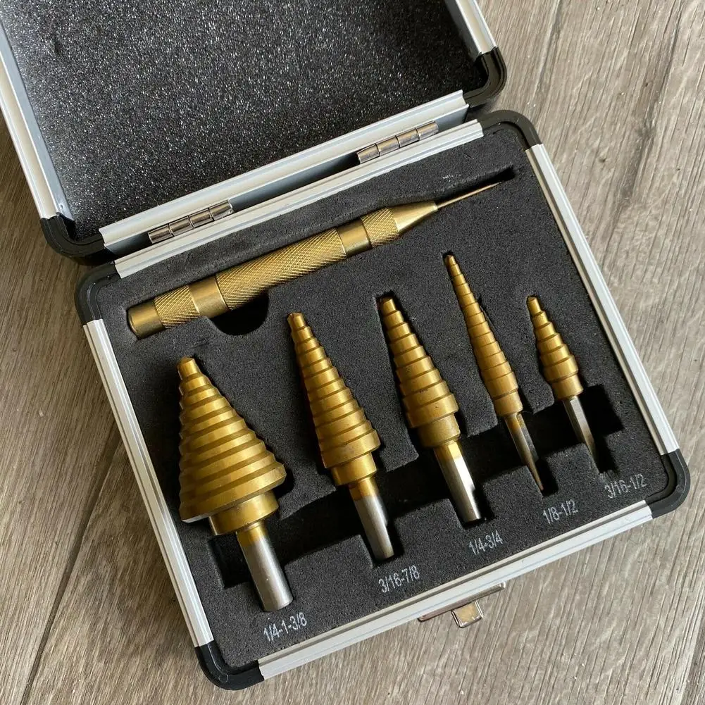 

6 Pcs Step Drill Bit Set W Automatic Center Punch High Speed Steel