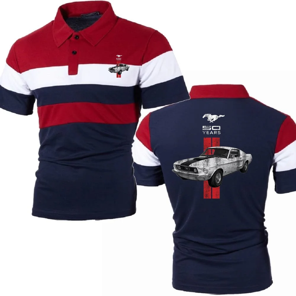 

Men Polo Shirts Men's Contrast Color Short Sleeve Jersey Ford 50 Years Logo TShirt Mustang Car Tees Golftennis Sportwear