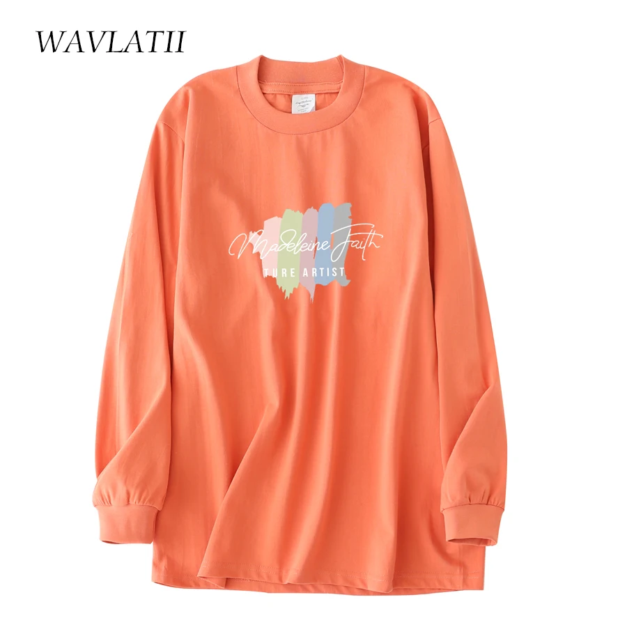 

WAVLATII New Women Orange Long Sleeve Sweatshirts Female Cotton Casual Hoodies Tops for Spring Autumn WH2129