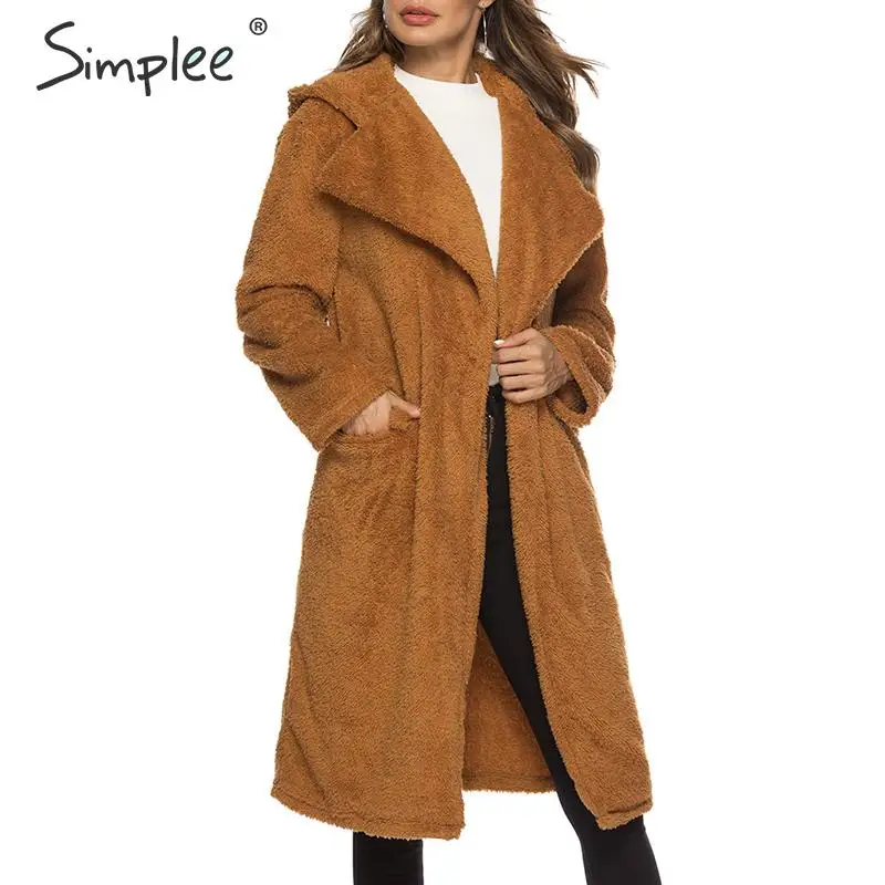 Simplee Элегантные пальто плюшевые женская шерстяная с капюшоном карманы на