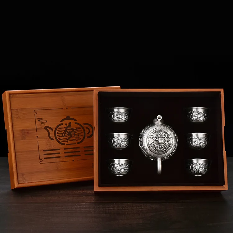 Изысканное серебро 999 пробы чайные сервизы Дракон и Феникс чайный горшок чай