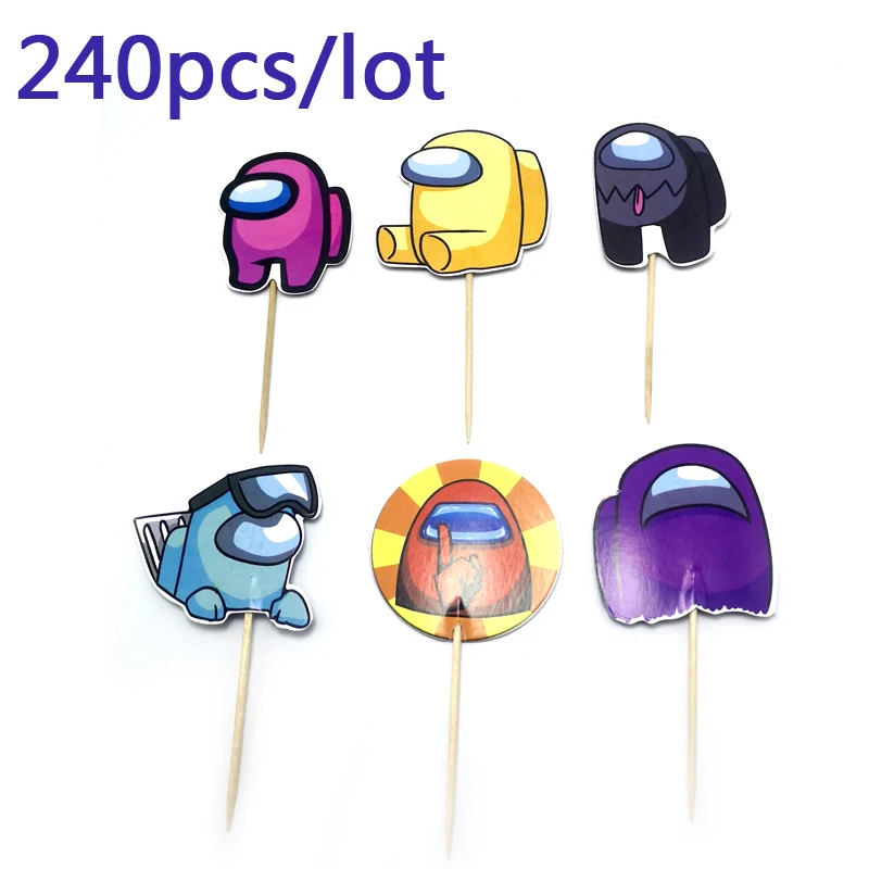 

240pcs/lot Among Us Theme Baby Shower Party Cupcake Toppers Decorations Kids Boys Favors Birthday Party Cake Topper with sticks