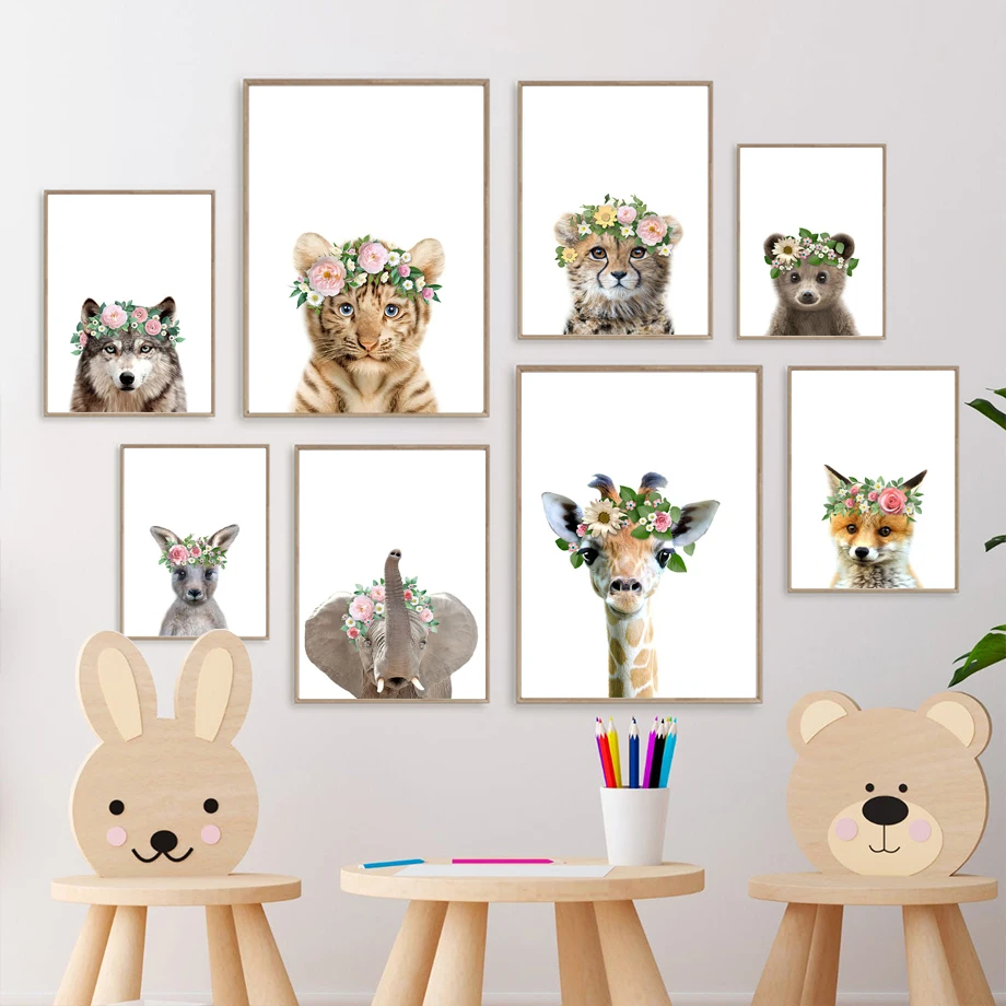 

Tiger Giraffe Elephant Bear Wolf Jungle Animal Wall Art Canvas Painting Nordic Posters And Prints Baby Kids Room Decor Pictures
