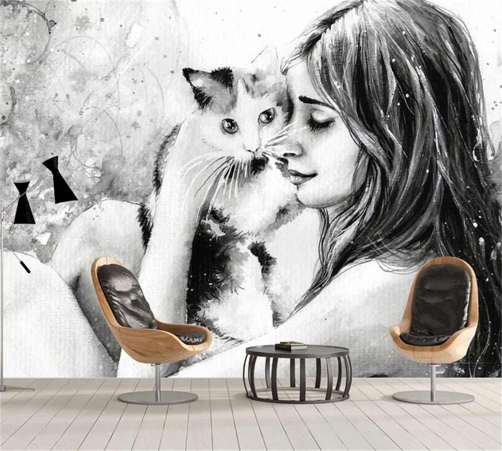 

beibehang Modern fashion new wallpaper black and white hand-painted woman and cat living room background wall custom mural