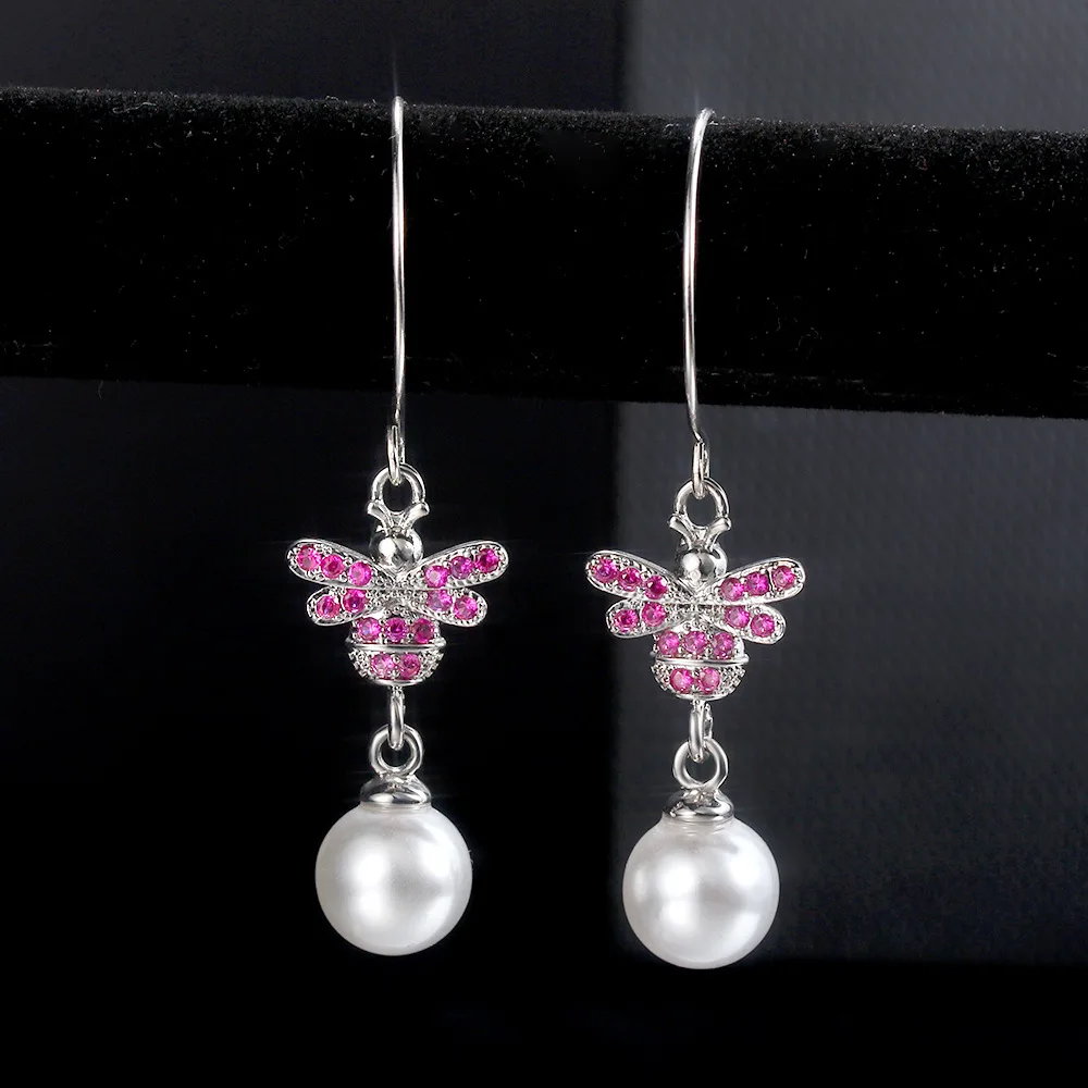 

SODROV 925 Sterling Silver Little Bee Drop Earrings Pearl Earrings for Women Pink Earrings for Women