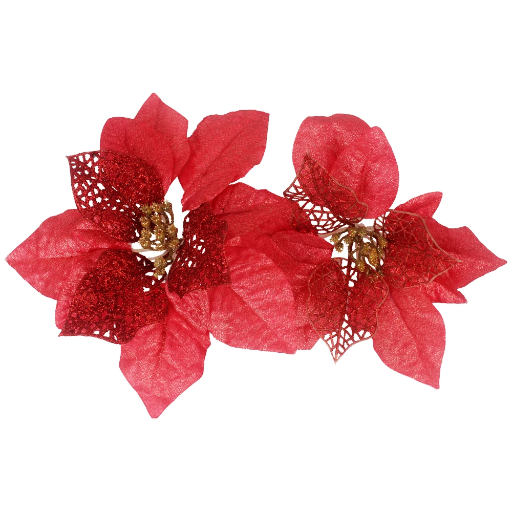 12pcs/lot Artificial Christmas Flowers Plastic&Cloth Glitter Hollow Flower For Christmas Tree Decoration DIY Xmas New Year Decor