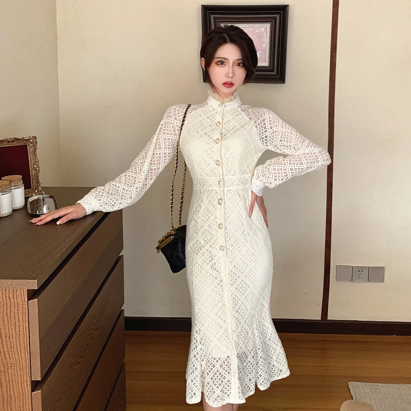 

Autumn Winter Elegant Lace Mermaid Dress Female Light Luxury Single-Breasted Office Ladies Long Sleeve Vestidos