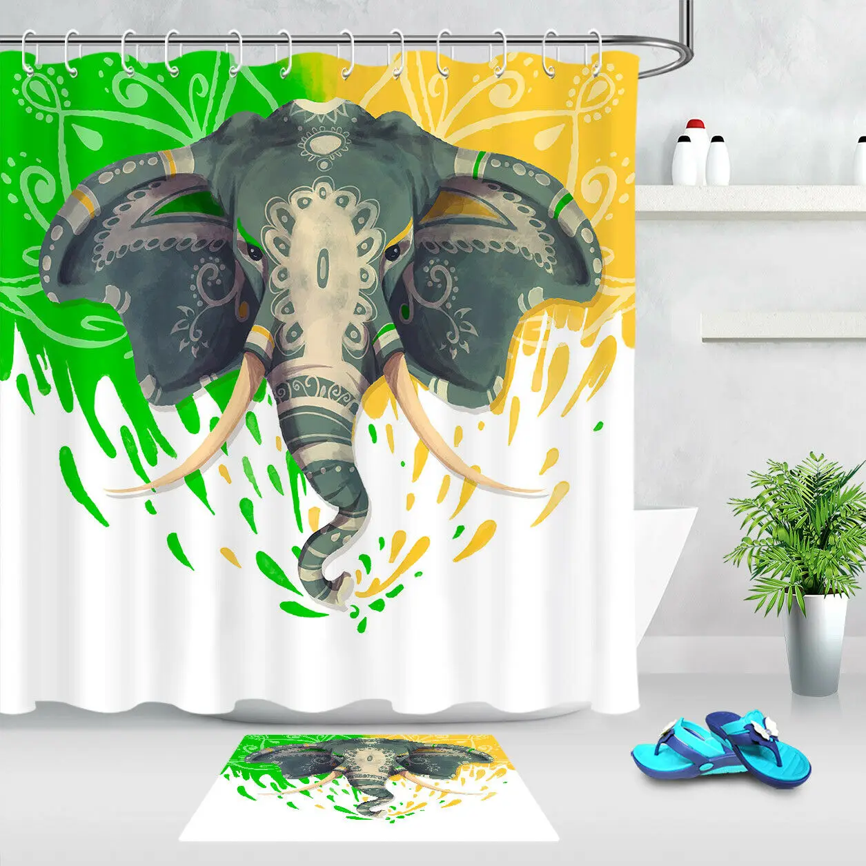 

Indian Mandala Elephant Fabric Shower Curtain Decor Bathroom Curtains