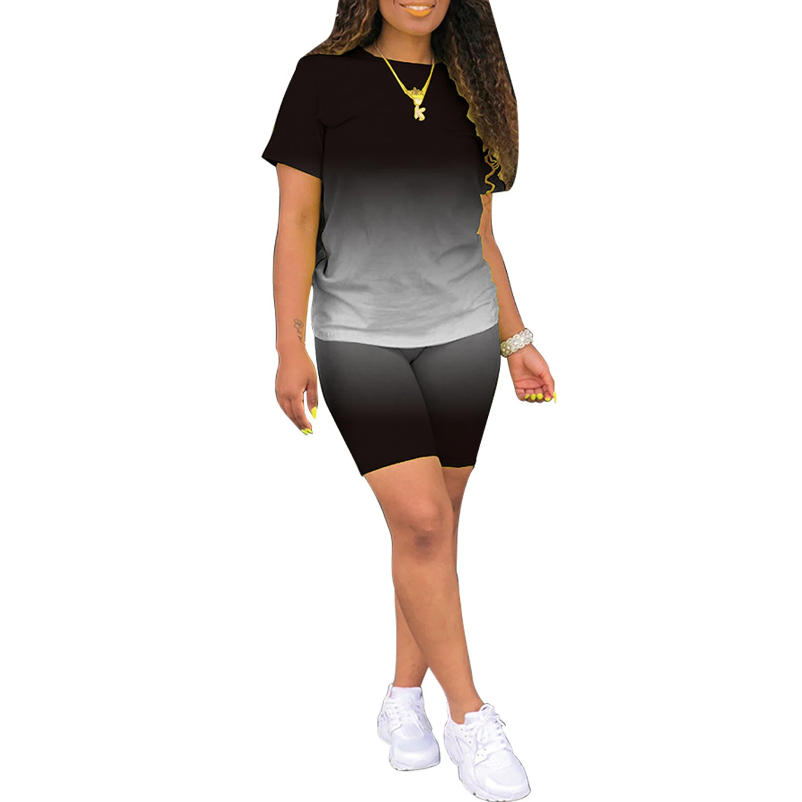 

Women\u2019s Short Sleeve T-shirt Shorts Suit Fashion Gradient Solid Color Pullover Top and Tight High-waist Pants