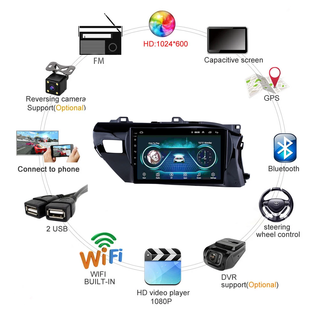 Car Radio for Toyota Hilux RHD 2016 2017 2018 Multimedia GPS Navi system Android 8.1 10&quot Support Mp5 bose/Microphone WIFI FM TV |