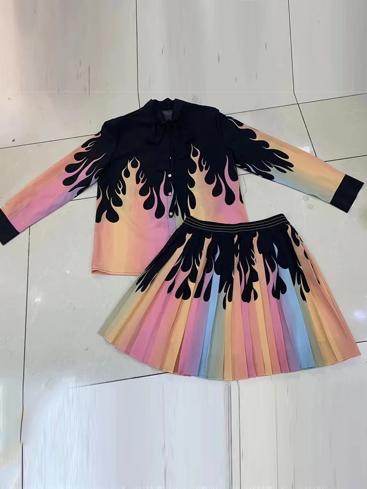 

Retro multicolor geometric print tie tie loose shirt two-piece suit women's spring new style + elastic waist pleated skirt suit