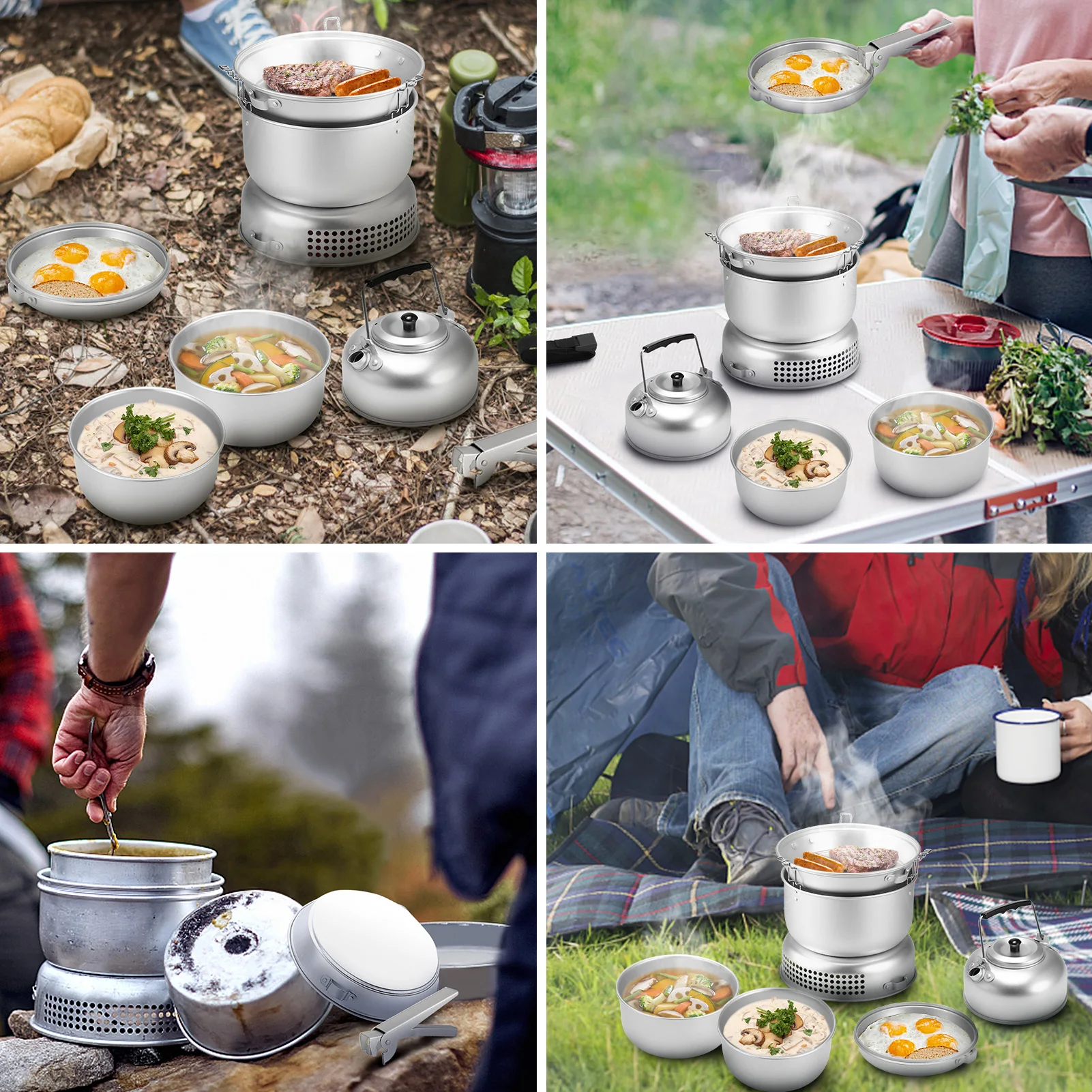 

Outdoor 10 PCS Portable Stove Kit Dish Plates Pots Water Kettle Stove Hand Vice Camping Hiking Cooking Cookware Set
