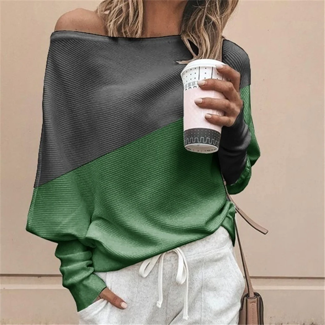 Plus Size Women Batwing Sleeve Sweater Autumn Off Shoulder Knitted Sweaters Pullover Tops Ladies Patchwork Loose Jumper Knitwear | Женская