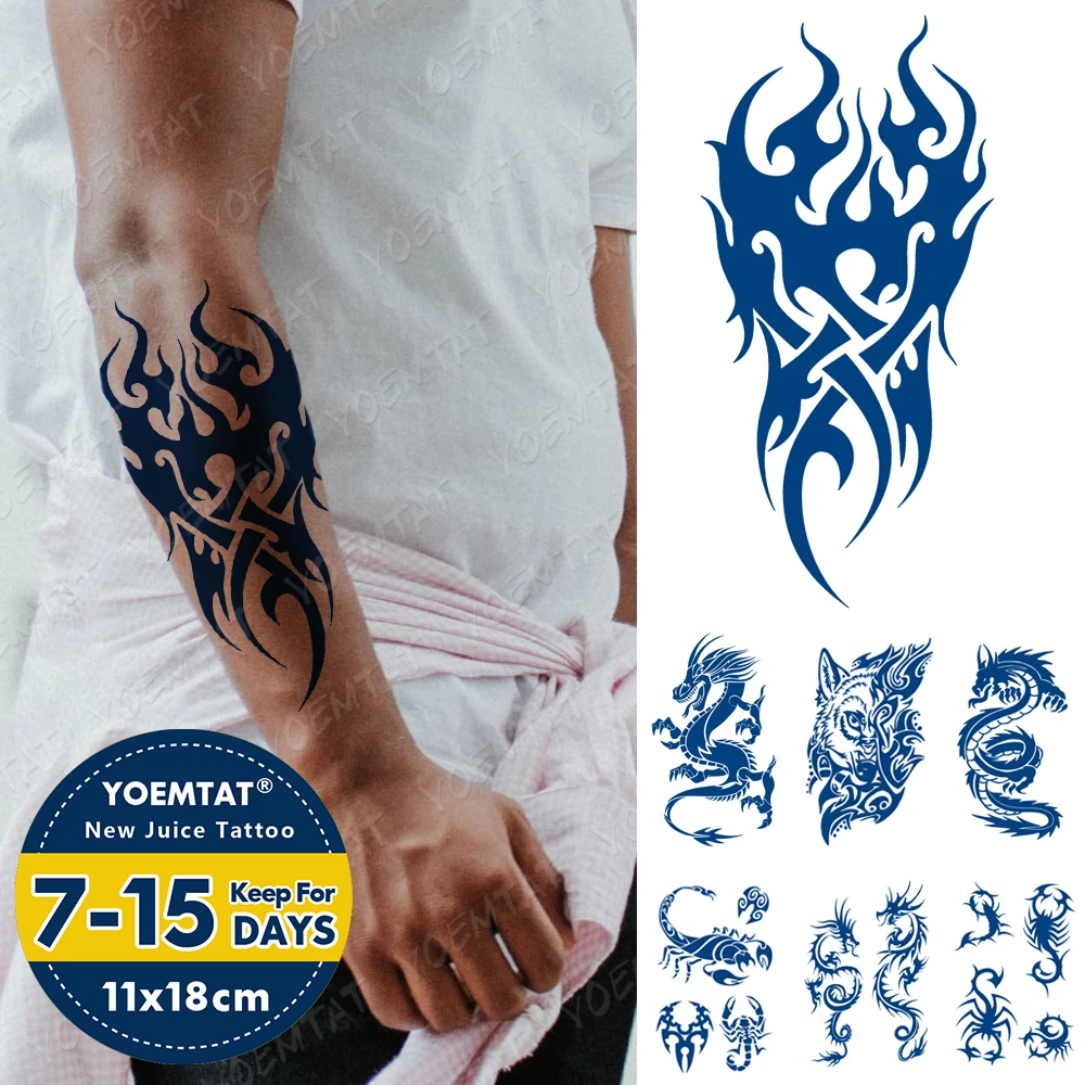 

Juice Ink Tattoos Body Art Waterproof Temporary Tattoo Sticker Flame Totem Tatoo Dragon Scorpion Arm Fake Tatto Women Men