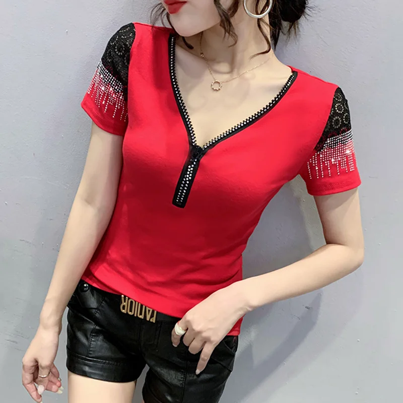 

#6055 Black Red Spliced Lace Short Sleeve T Shirt Women V-Neck With Zipper Sexy T Shirts Female Slim Summer Tops For Women