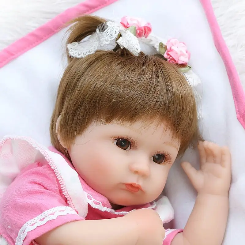 

18inch Silicon Lifelike Doll Blanket Pink Dress Flower Hair Loop Early Childhood Kids Baby Toys