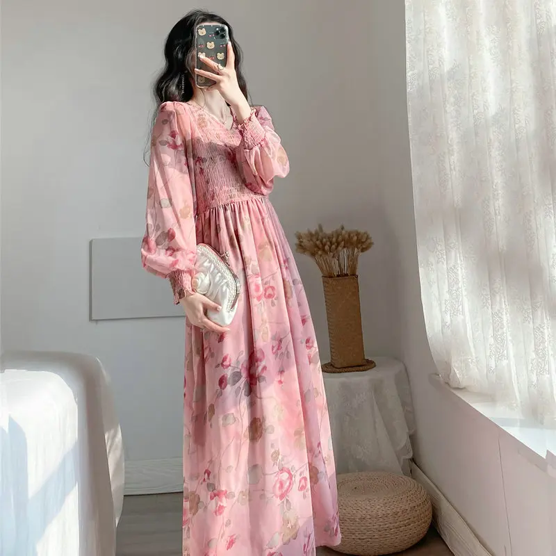 

Spring Pink Flower Smock Chiffon Empire Dress Women Romantic V-neck Long SLeeve Calf Length One Piece Holiday Dresses XXXXL XXXL