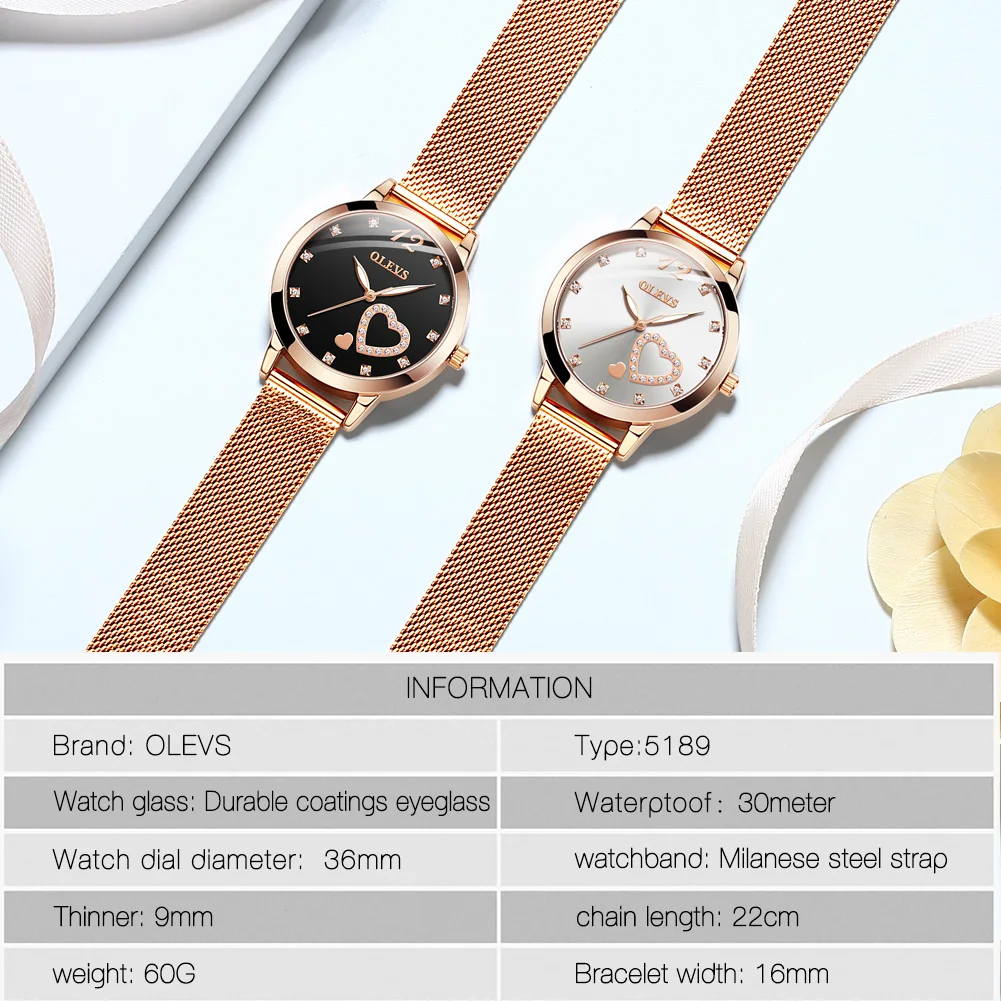 

OLEVS Women Watches Waterproof Rose Gold Mesh Belt Luminous Hands Quartz Heart Shape Ladies Wristwatches Gifts for Womens
