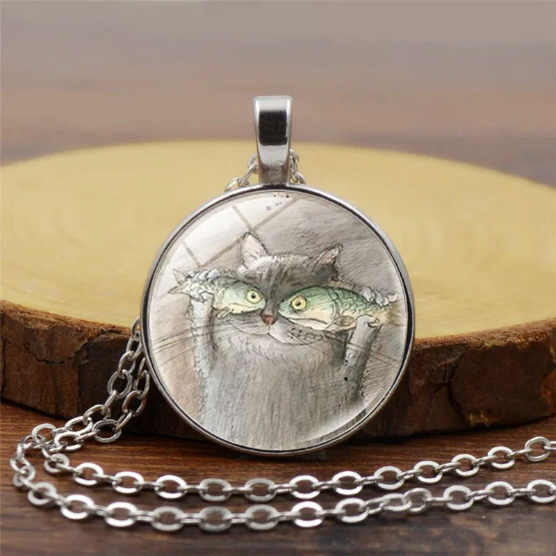 

Cat and Fish Glass Cabochon Necklace Animal Photo Cartoon Painting Vintage Pendant Necklace for Women Gifts for Kids